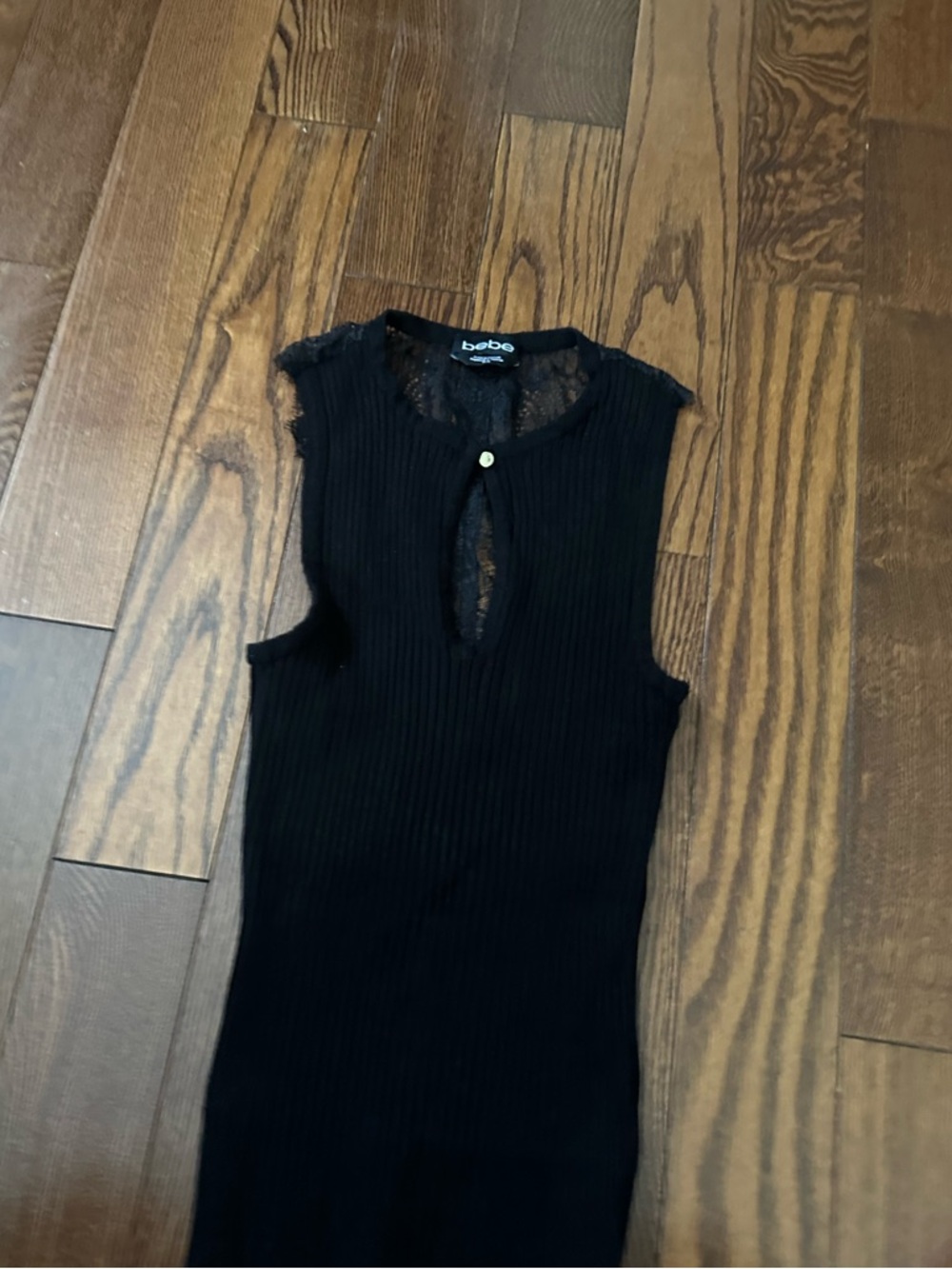 bebe Black Ribbed Lace-Trim Tank with Keyhole